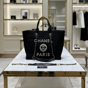 Velmora Pearl Canvas Tote Bag – Noir Luxe Edition ( Chanel )