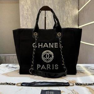 Velmora Pearl Canvas Tote Bag – Noir Luxe Edition ( Chanel )