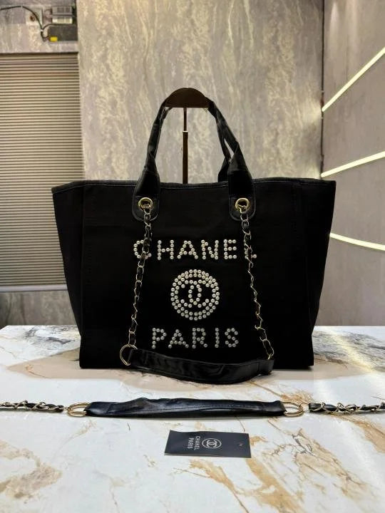 Velmora Pearl Canvas Tote Bag – Noir Luxe Edition ( Chanel )