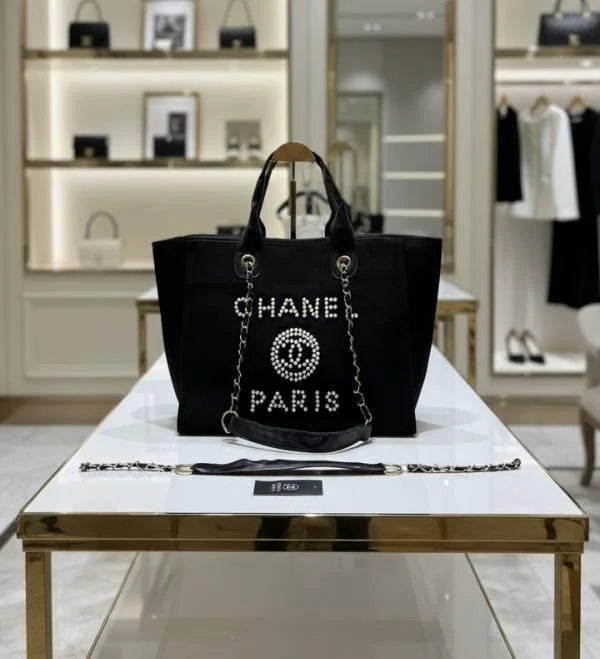 Velmora Pearl Canvas Tote Bag – Noir Luxe Edition ( Chanel )