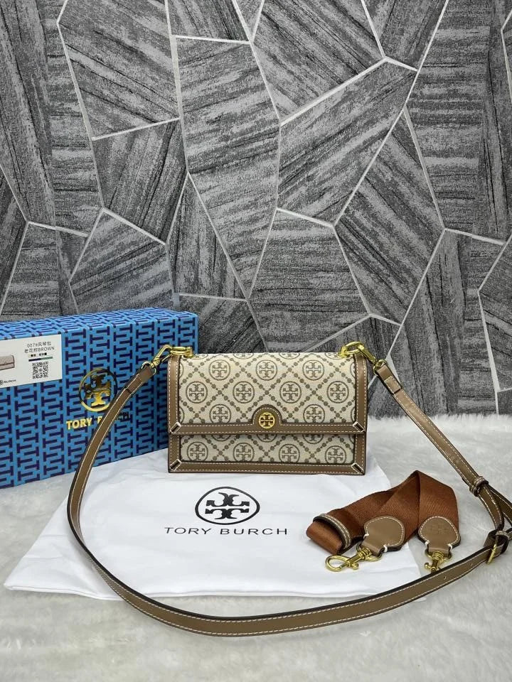 Velmora T Monogram Jacquard Crossbody Bag – Brown, Premium Edition (Tory Burch )