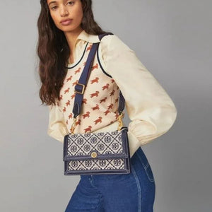 Velmora T Monogram Jacquard Crossbody Bag – Premium Edition ( Tory Burch )