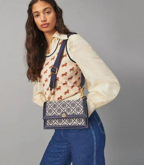 Velmora T Monogram Jacquard Crossbody Bag – Premium Edition ( Tory Burch )