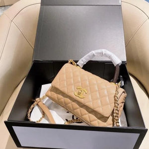 Velmora Shiny Leather Top Handle Bag – Khaki, Premium Edition ( Chanel )