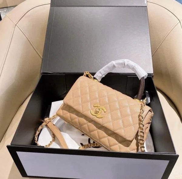 Velmora Shiny Leather Top Handle Bag – Khaki, Premium Edition ( Chanel )