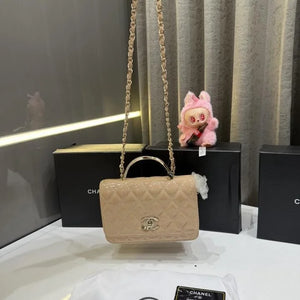 Velmora Shiny Leather Top Handle Bag – Khaki, Premium Edition ( Chanel )
