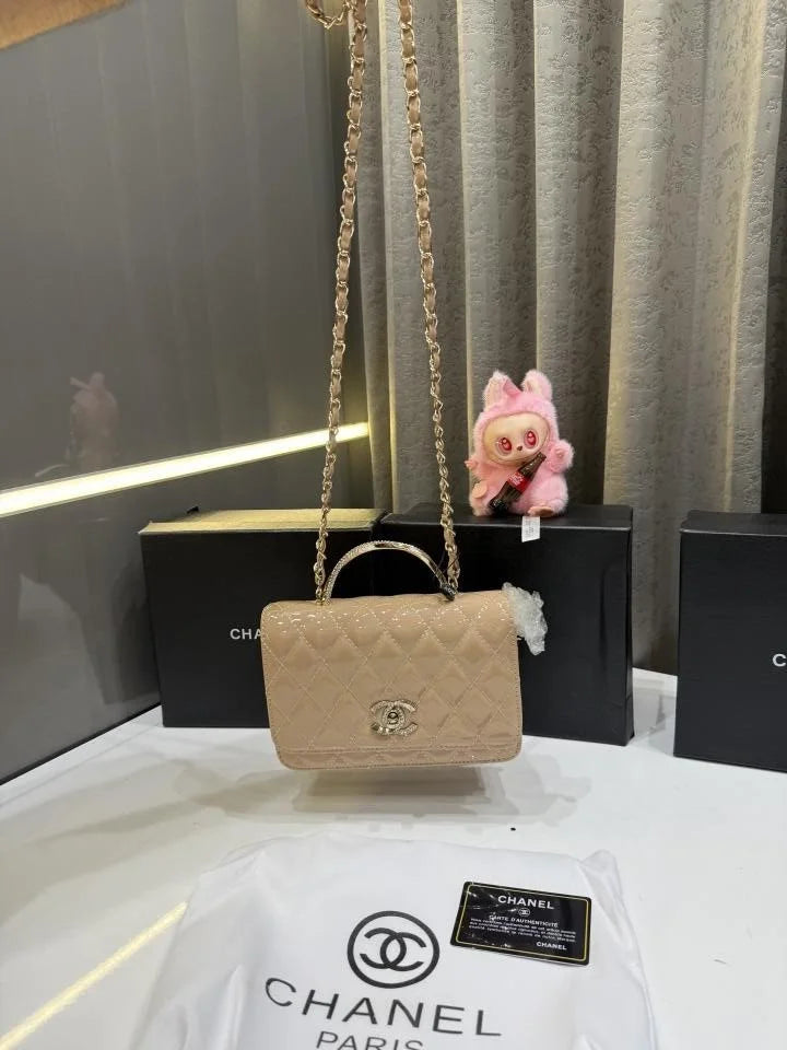 Velmora Shiny Leather Top Handle Bag – Khaki, Premium Edition ( Chanel )