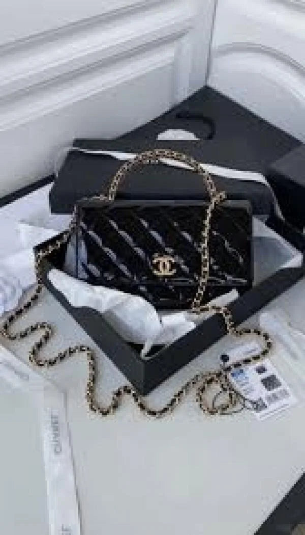 Velmora Shiny Leather Top Handle Bag – Noir Black, Premium Edition ( Chanel )