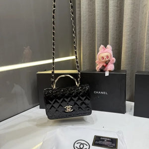 Velmora Shiny Leather Top Handle Bag – Noir Black, Premium Edition ( Chanel )