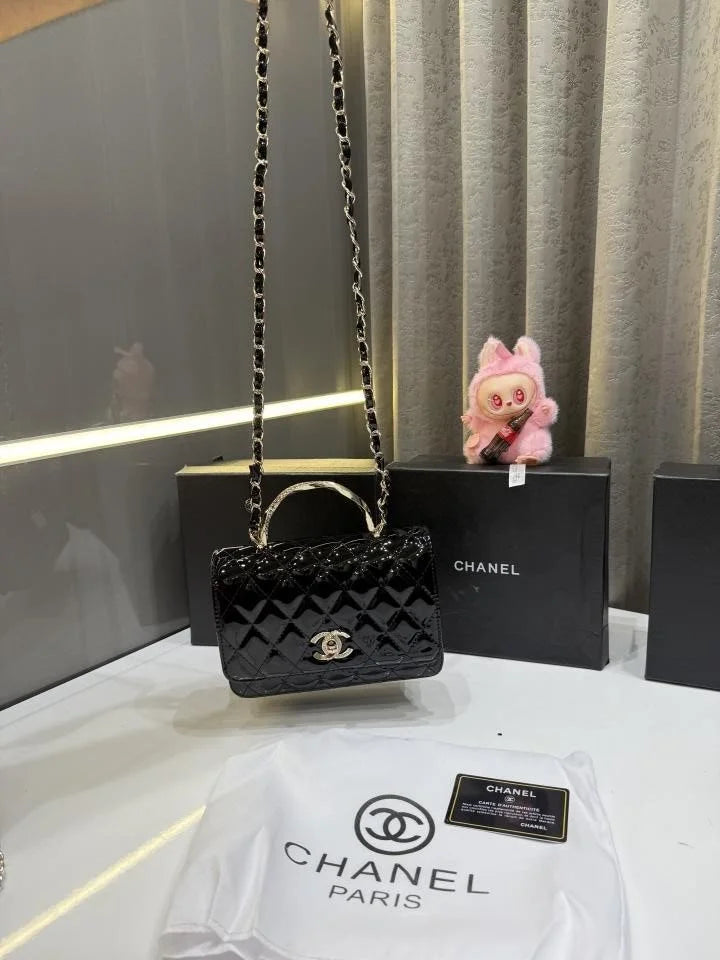 Velmora Shiny Leather Top Handle Bag – Noir Black, Premium Edition ( Chanel )