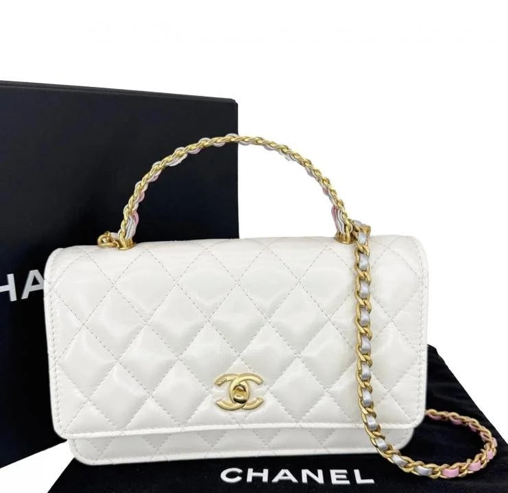 Velmora Shiny Leather Top Handle Bag – White, Premium Edition ( Chanel )