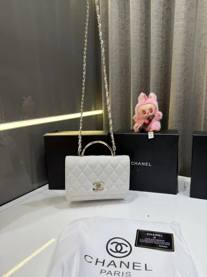 Velmora Shiny Leather Top Handle Bag – White, Premium Edition ( Chanel )