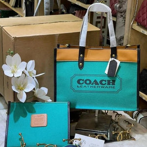 Velmora Field Tote 30 Canvas & Leather Bag with Pouch – Green (Coach) - Velmora