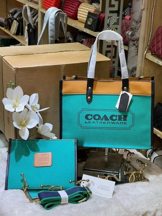 Velmora Field Tote 30 Canvas & Leather Bag with Pouch – Green (Coach) - Velmora