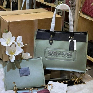 Velmora Field Tote 30 Canvas & Olive Leather Bag with Pouch – Black (Coach) - Velmora