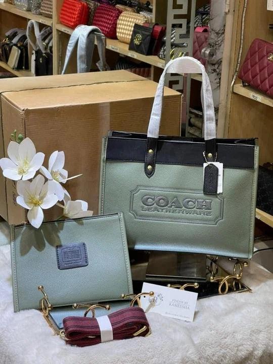 Velmora Field Tote 30 Canvas & Olive Leather Bag with Pouch – Black (Coach) - Velmora