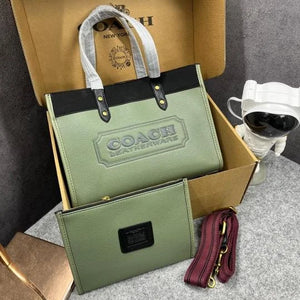 Velmora Field Tote 30 Canvas & Olive Leather Bag with Pouch – Black (Coach) - Velmora