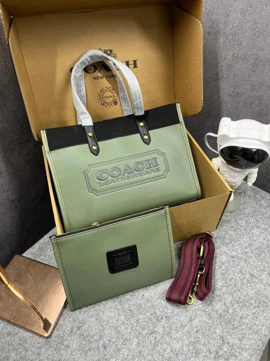 Velmora Field Tote 30 Canvas & Olive Leather Bag with Pouch – Black (Coach) - Velmora
