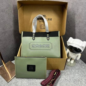 Velmora Field Tote 30 Canvas & Olive Leather Bag with Pouch – Black (Coach) - Velmora