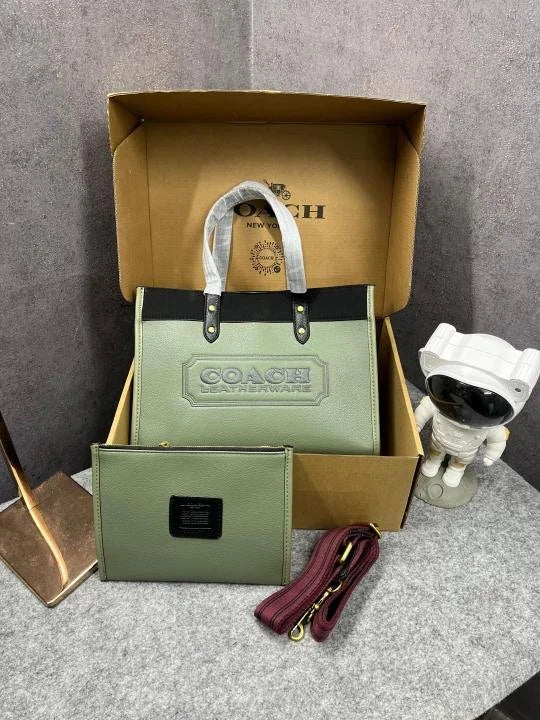 Velmora Field Tote 30 Canvas & Olive Leather Bag with Pouch – Black (Coach) - Velmora