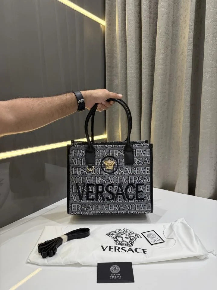 Velmora Logo Print Tote Bag – Ash Grey, Premium Edition ( Versace )
