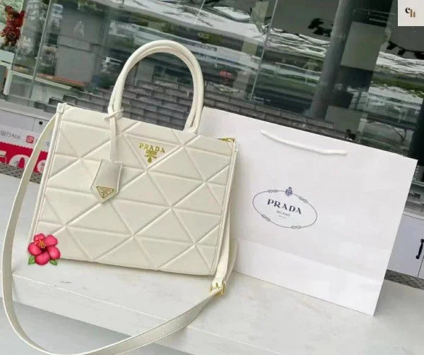 Velmora Symbole Leather Tote Bag – Ivory White, Premium Edition ( Prada )